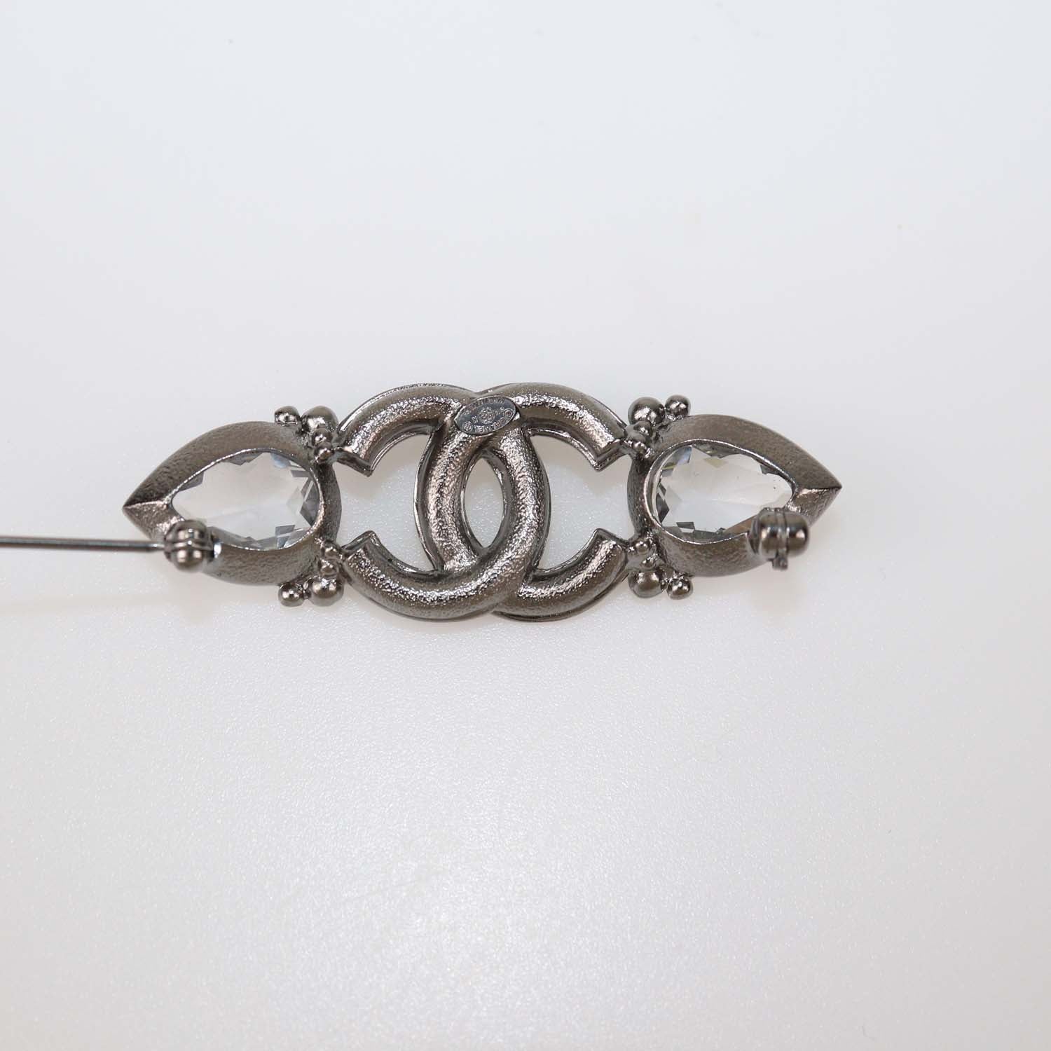 Chanel Silver Tone Metal Crystal CC Logo Pin Brooch