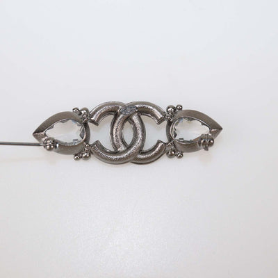Chanel Silver Tone Metal Crystal CC Logo Pin Brooch