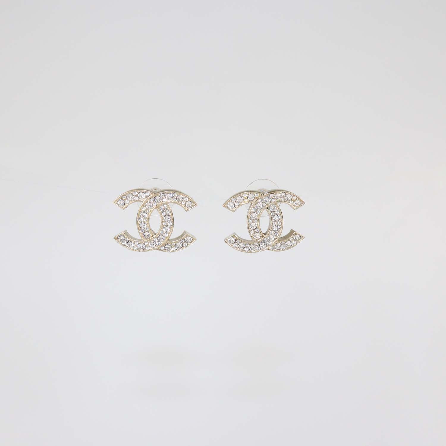 Chanel Gold Tone CC Crystals Stud Earrings