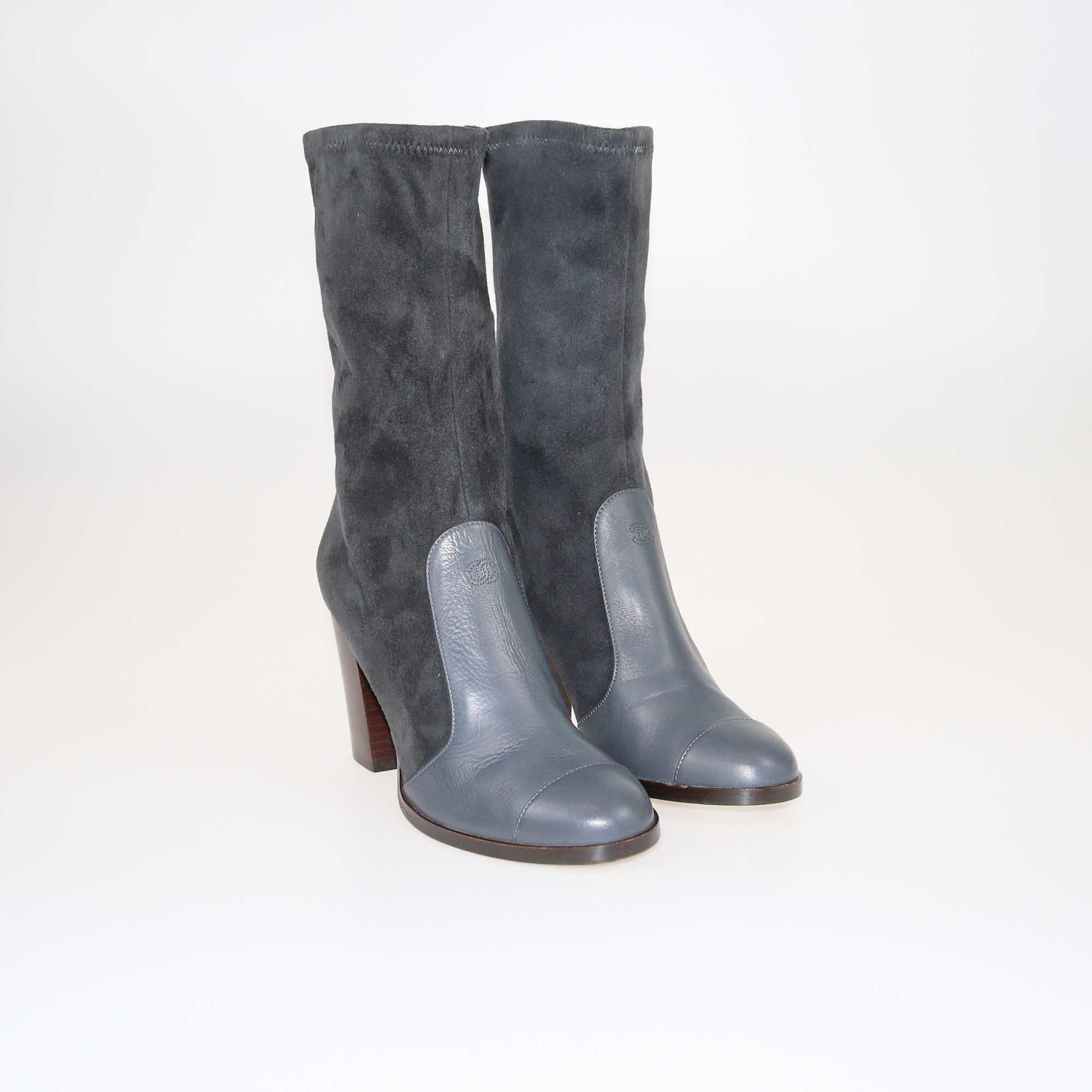 Chanel Dark Grey Heel Booties Shoes Chanel 