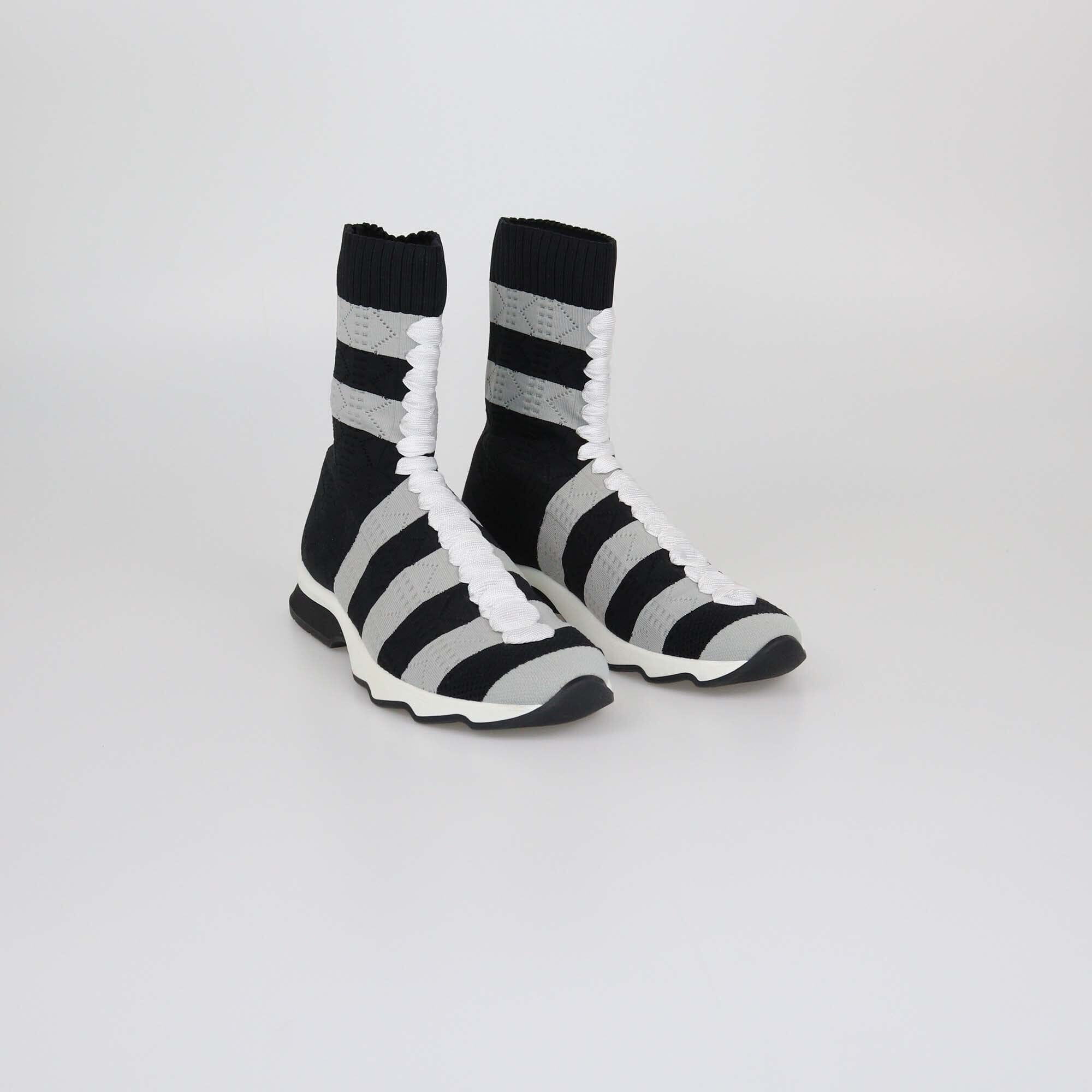 Fendi Gray/Black Stripes Knit Sock Sneaker Womens Fendi 