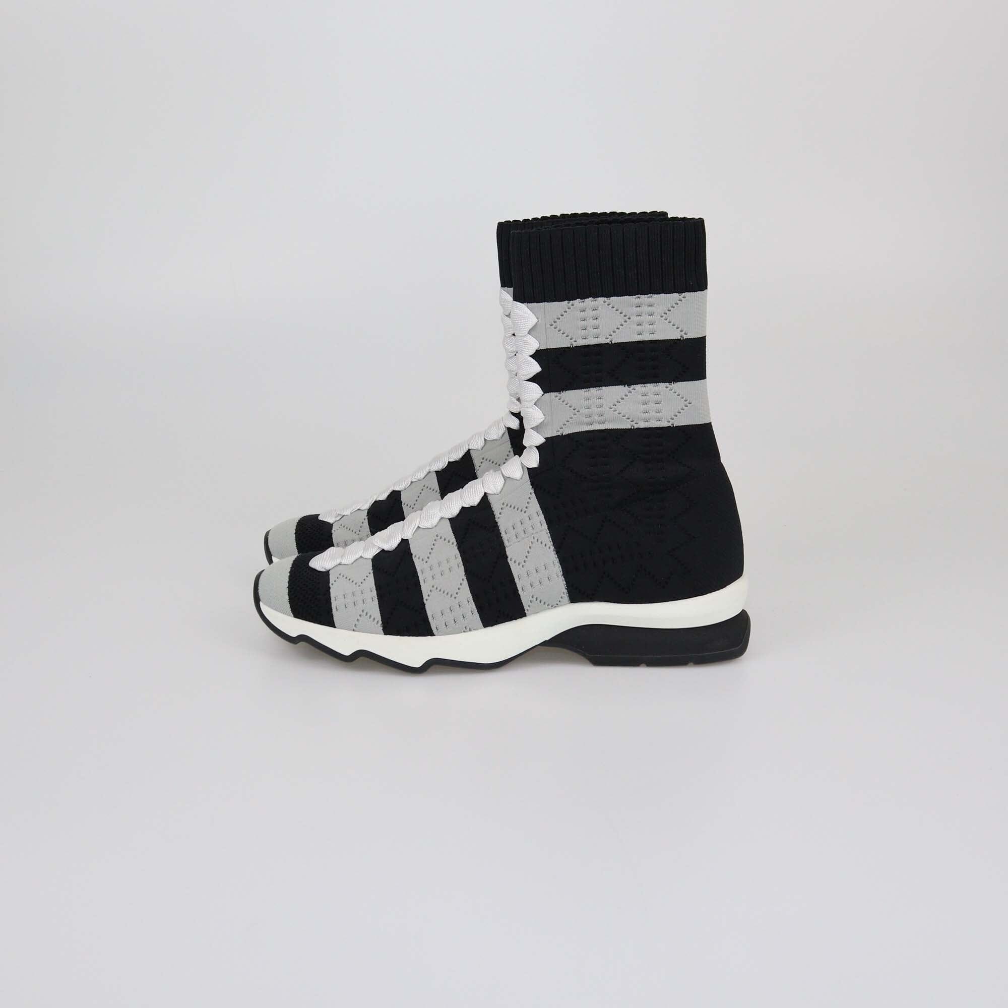 Fendi Gray/Black Stripes Knit Sock Sneaker Womens Fendi 