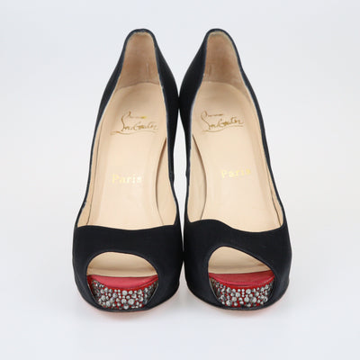 Black Crystal Embellished Peep Toe Platform Pumps Shoes Christian Louboutin 