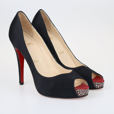 Black Crystal Embellished Peep Toe Platform Pumps Shoes Christian Louboutin 