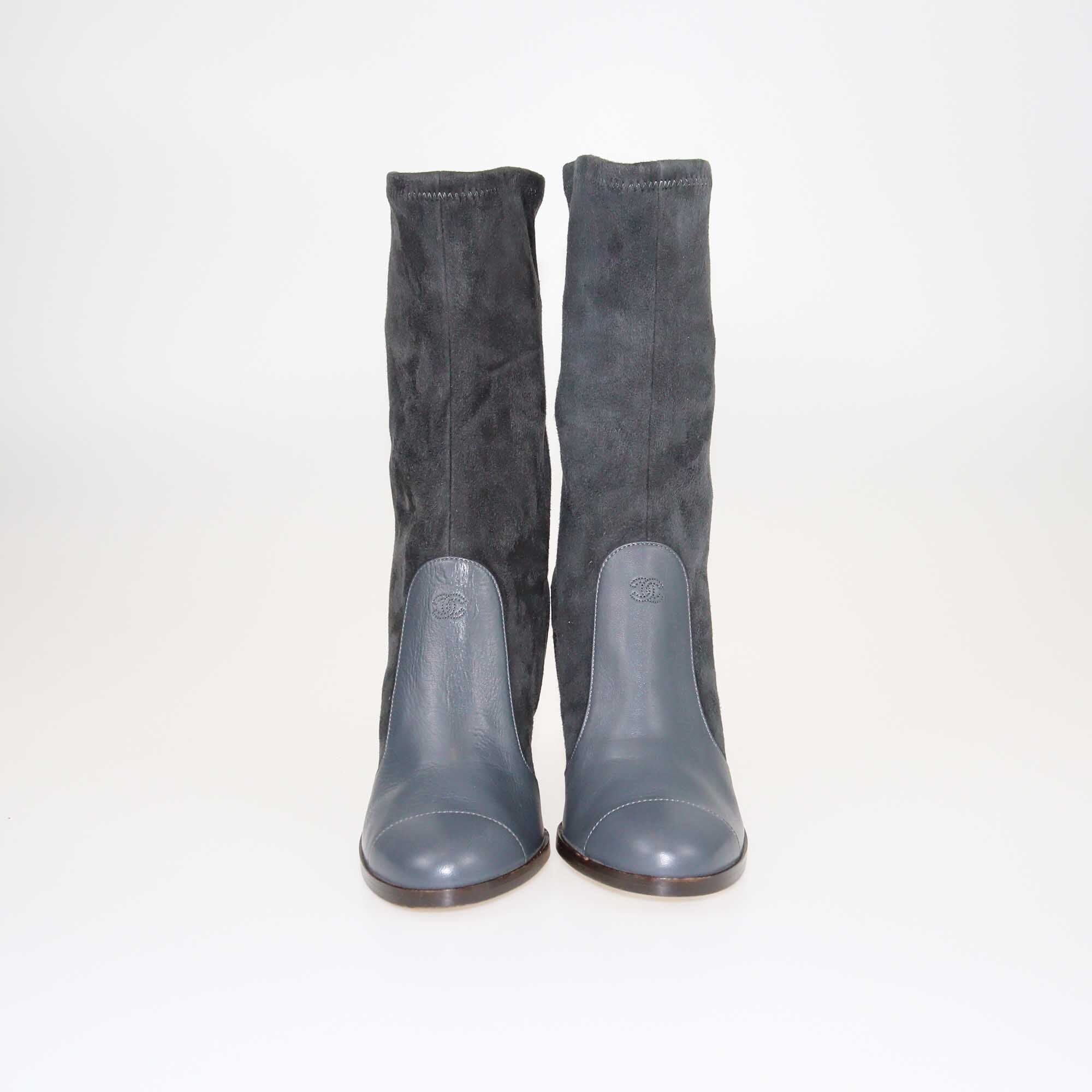 Chanel Dark Grey Heel Booties Shoes Chanel 