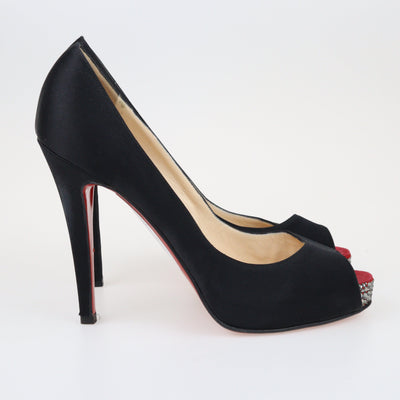 Black Crystal Embellished Peep Toe Platform Pumps Shoes Christian Louboutin 