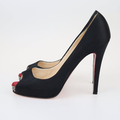 Black Crystal Embellished Peep Toe Platform Pumps Shoes Christian Louboutin 