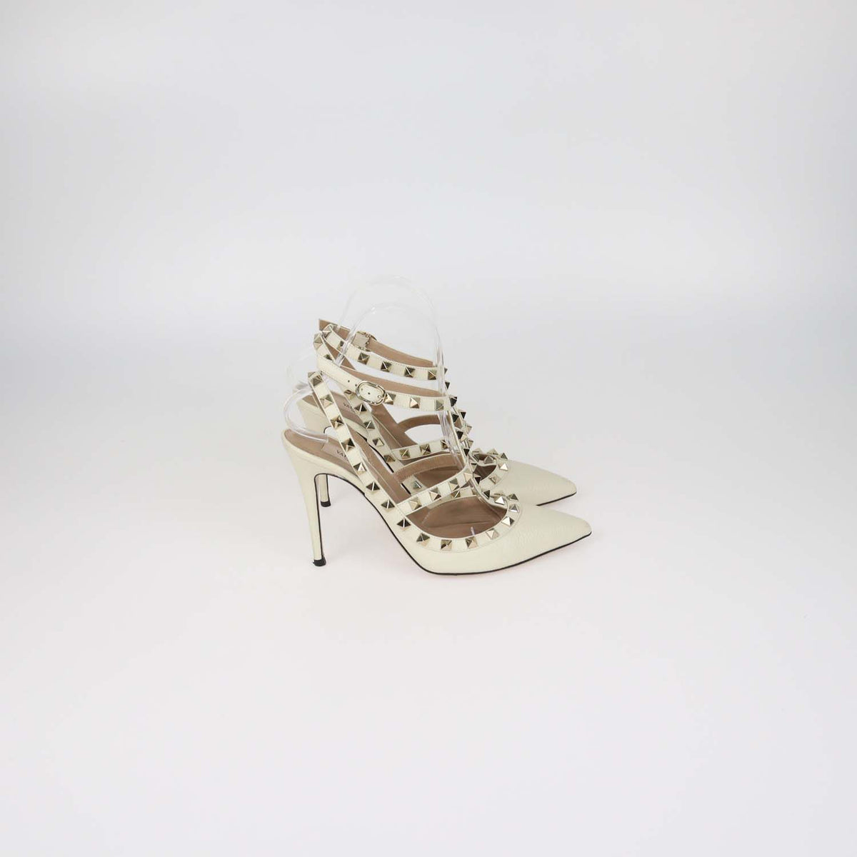 Valentino Cream Leather Rockstud Caged Ankle Strap Pumps