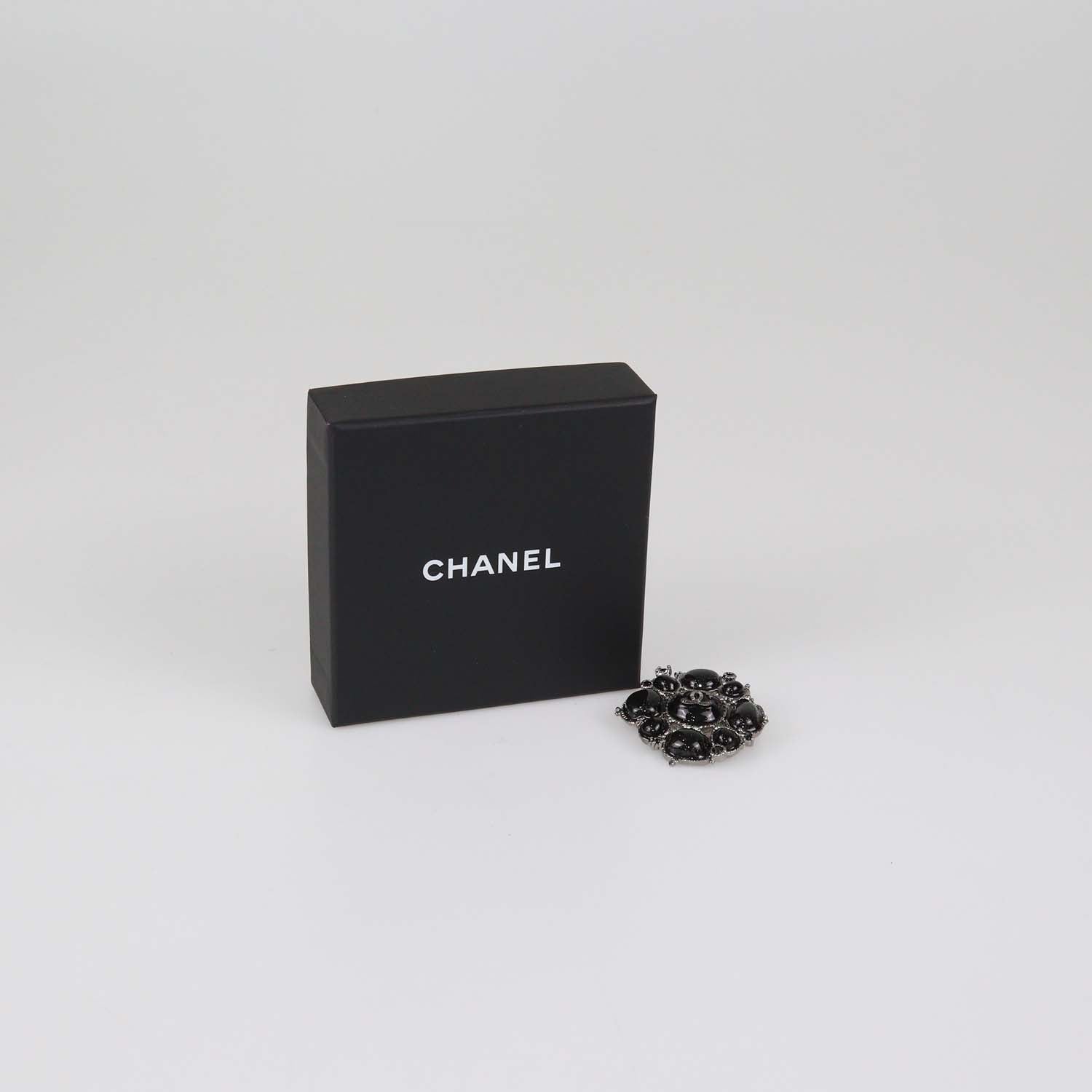 Chanel Black Metallic Gripoix And Crystal Pin Brooch