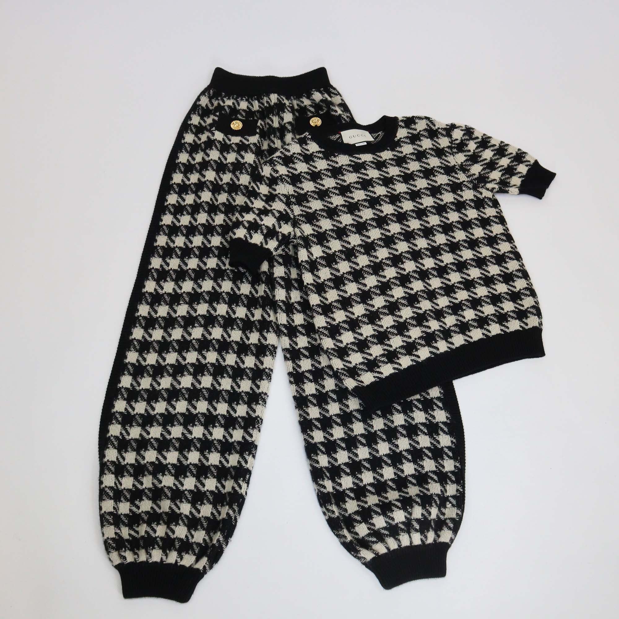 Gucci Black/White Cashmere Blend Knit Houndstooth Top & Lounge Pants