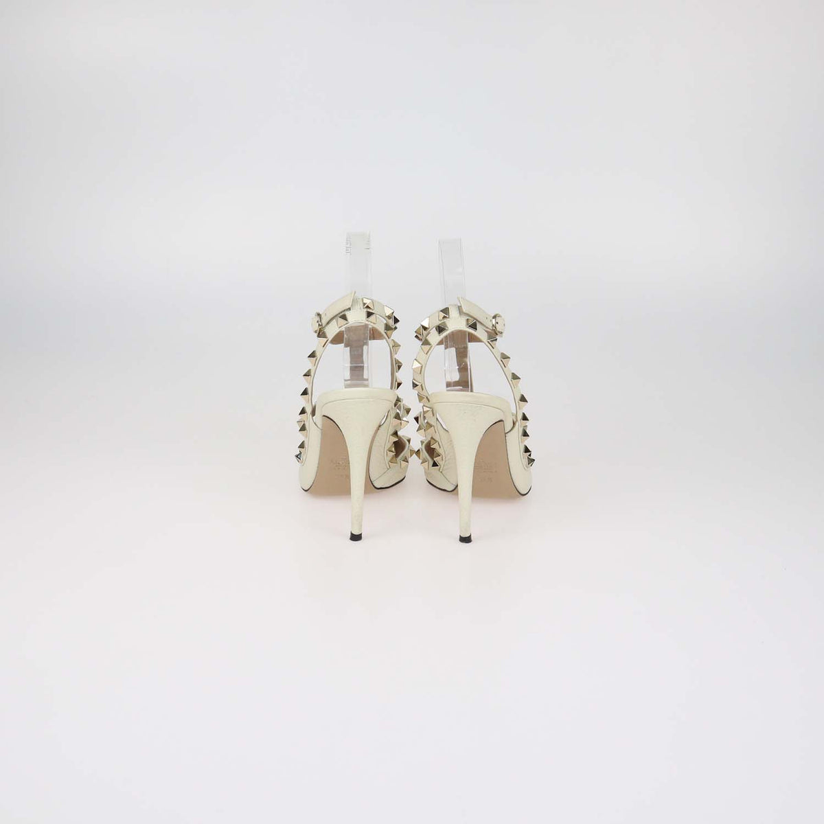 Valentino Cream Leather Rockstud Caged Ankle Strap Pumps