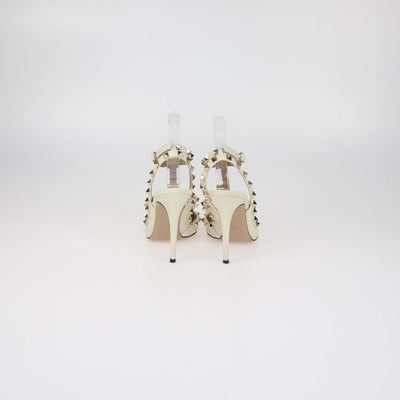 Valentino Cream Leather Rockstud Caged Ankle Strap Pumps