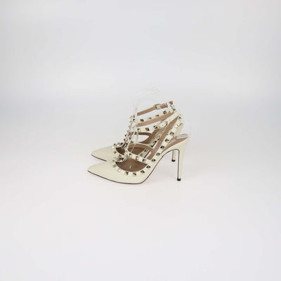 Valentino Cream Leather Rockstud Caged Ankle Strap Pumps