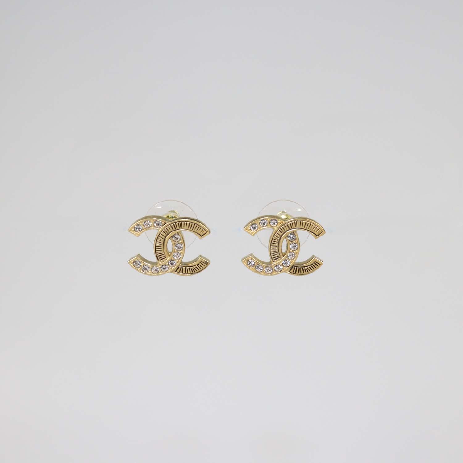 Chanel Gold Tone CC Crystals Stud Earrings