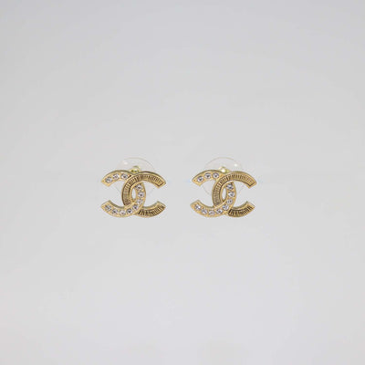 Chanel Gold Tone CC Crystals Stud Earrings