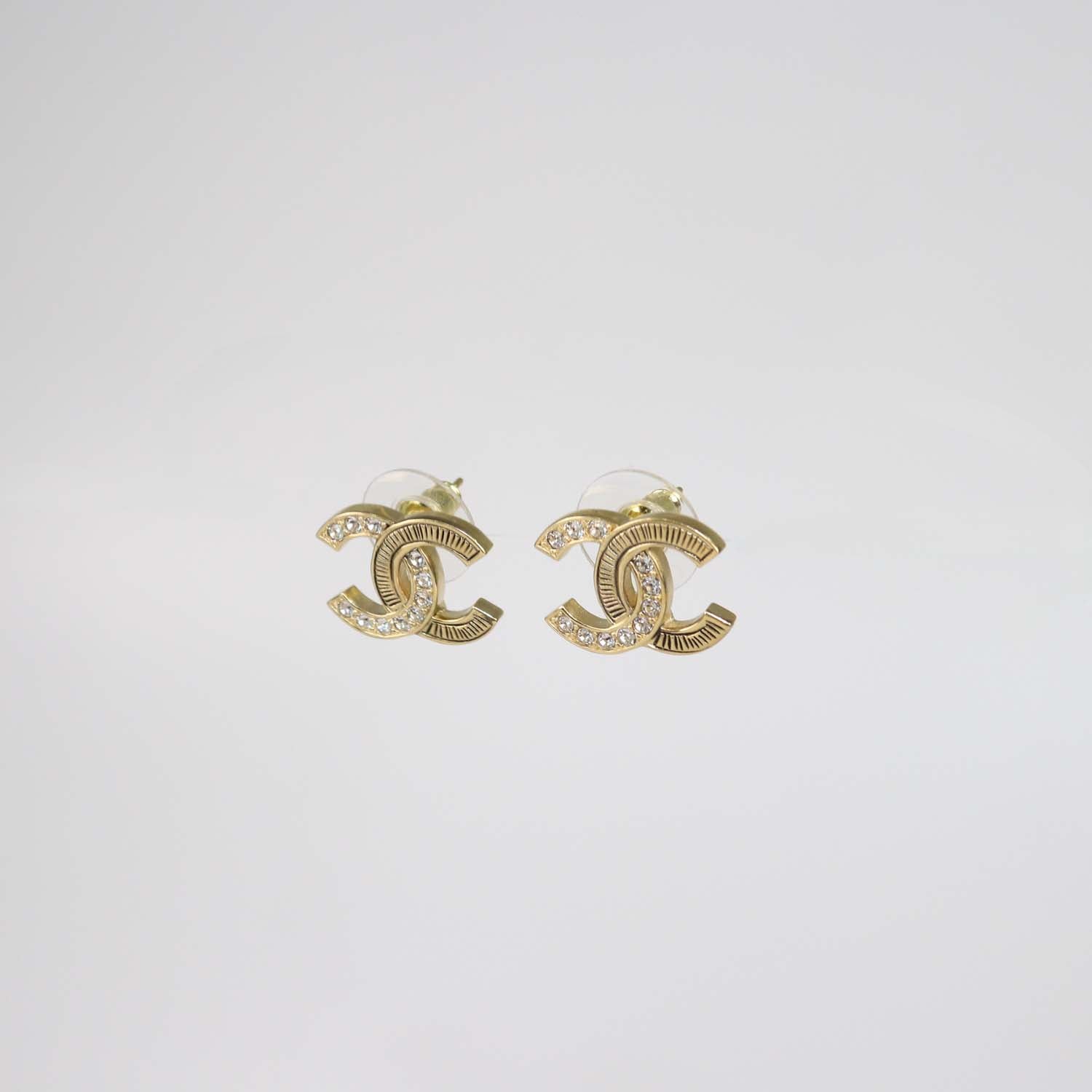 Chanel Gold Tone CC Crystals Stud Earrings