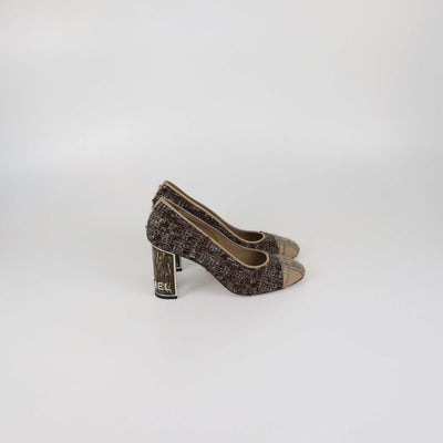 Chanel Black Leather Metal Quilted Heel Cap Toe Pumps