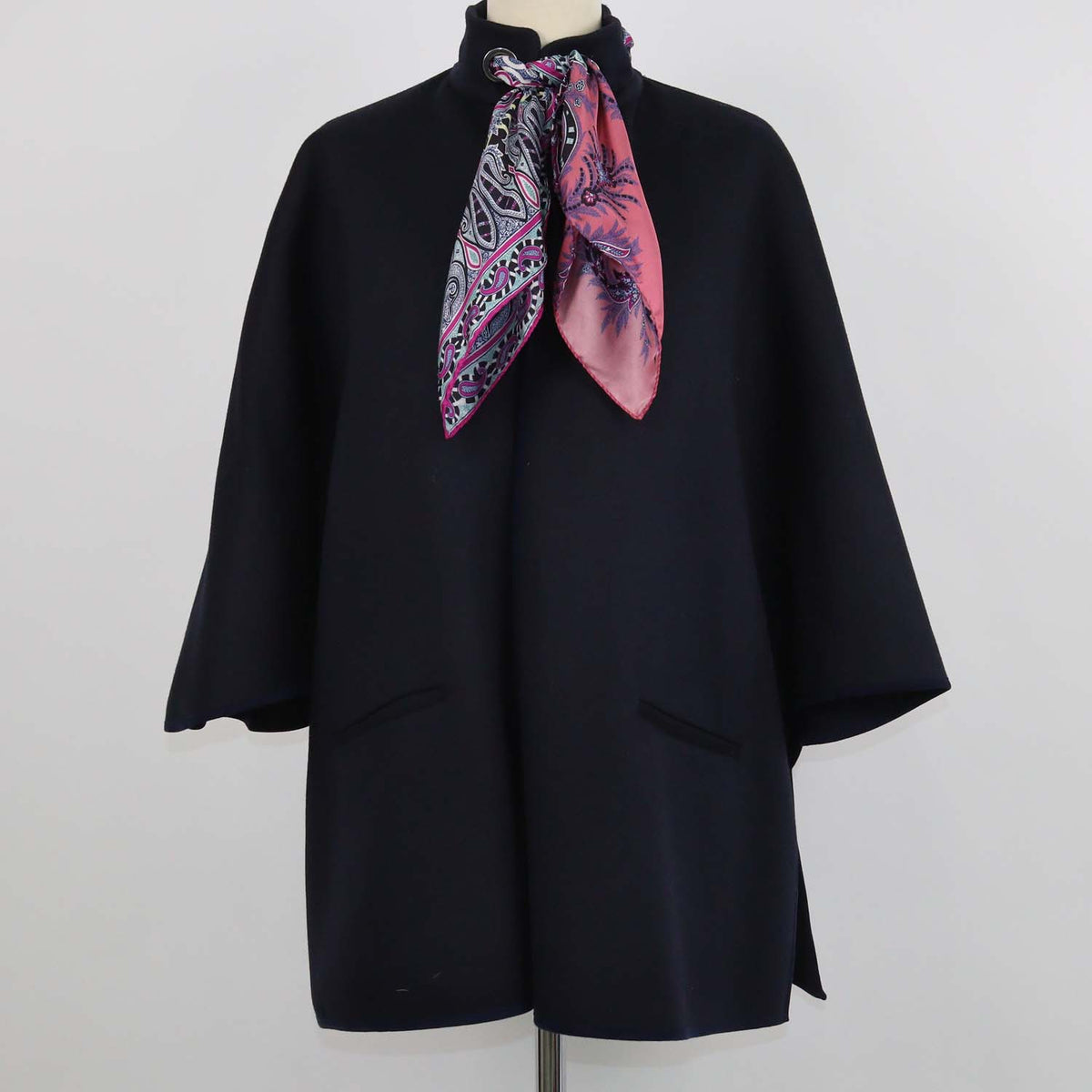 Etro Navy Blue Blend Wool and Suede Trim Eyelet Neck w/Scarf Cape jacket