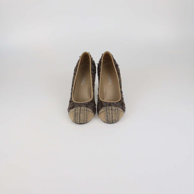 Chanel Black Leather Metal Quilted Heel Cap Toe Pumps