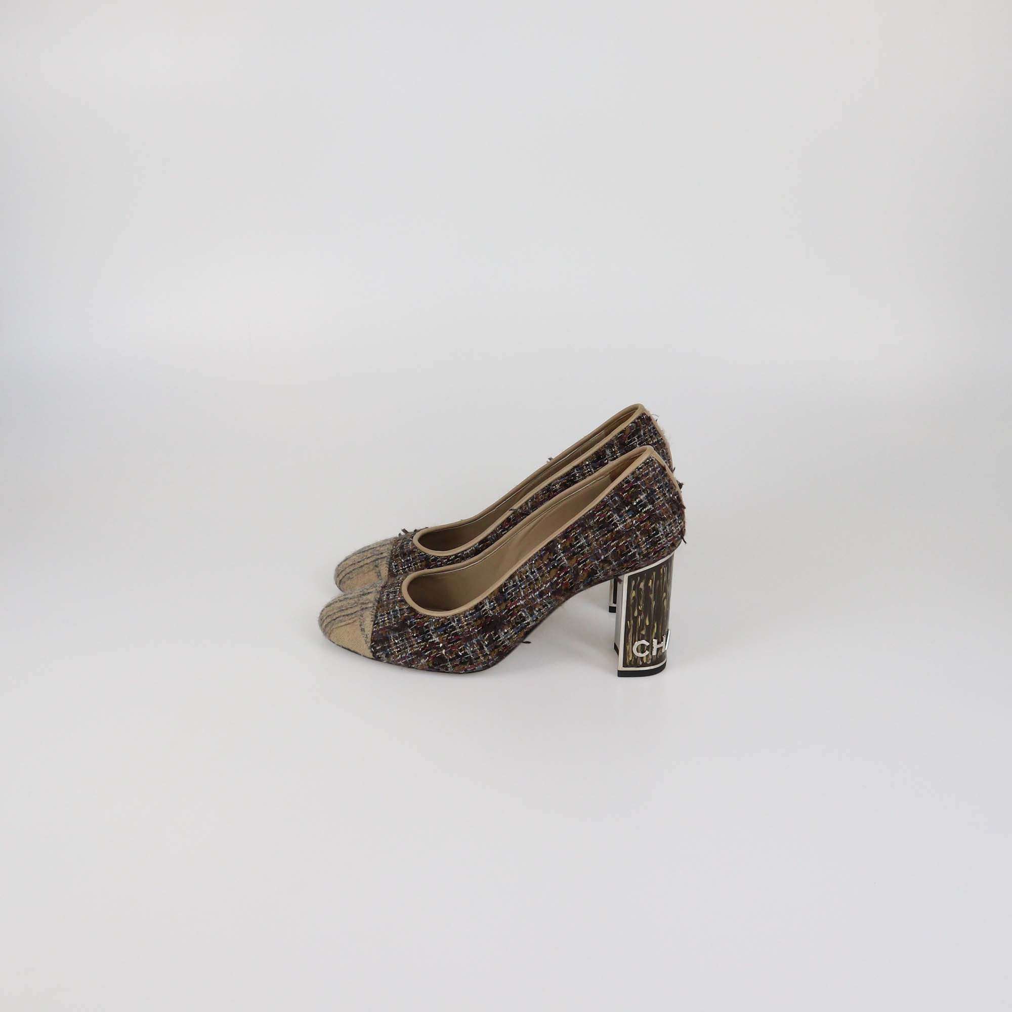 Chanel Black Leather Metal Quilted Heel Cap Toe Pumps