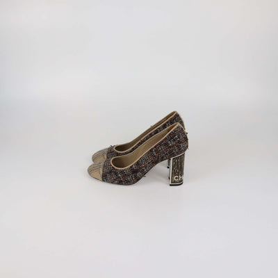 Chanel Black Leather Metal Quilted Heel Cap Toe Pumps