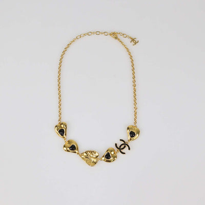 Chanel Gold Tone Metal Black Resin Hearts CC Logo Necklace