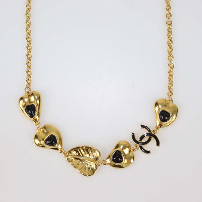 Chanel Gold Tone Metal Black Resin Hearts CC Logo Necklace
