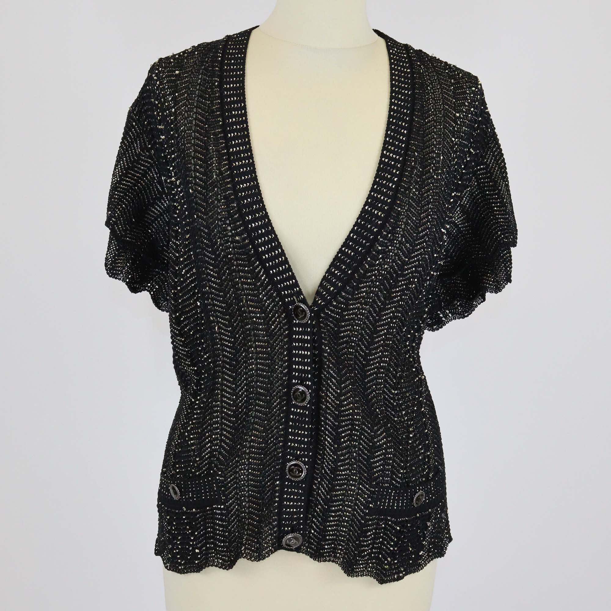 Chanel Black Crochet Knit Strappy Midi Dress & Short Sleeve Cardigan Set