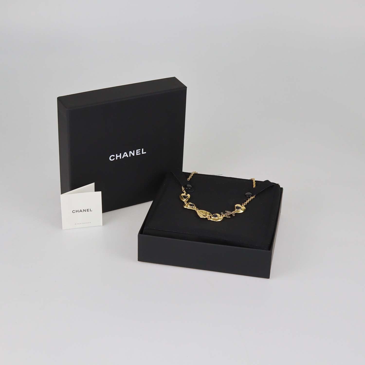 Chanel Gold Tone Metal Black Resin Hearts CC Logo Necklace