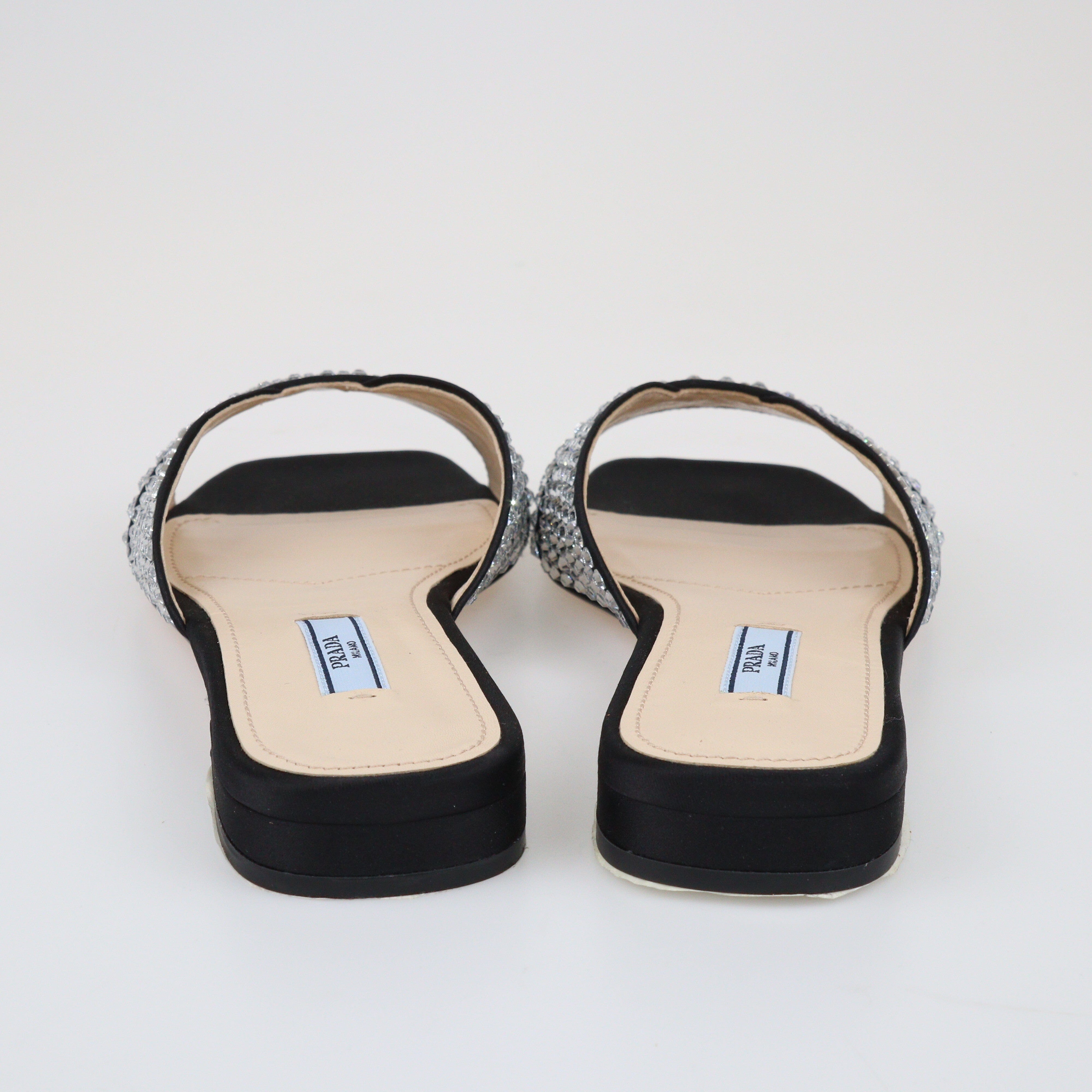 Black Crystal Embellished Flat Mules Shoes Prada 