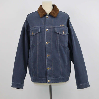 Miu Miu Navy Blue Denim Curduroy Collar Padded Jacket