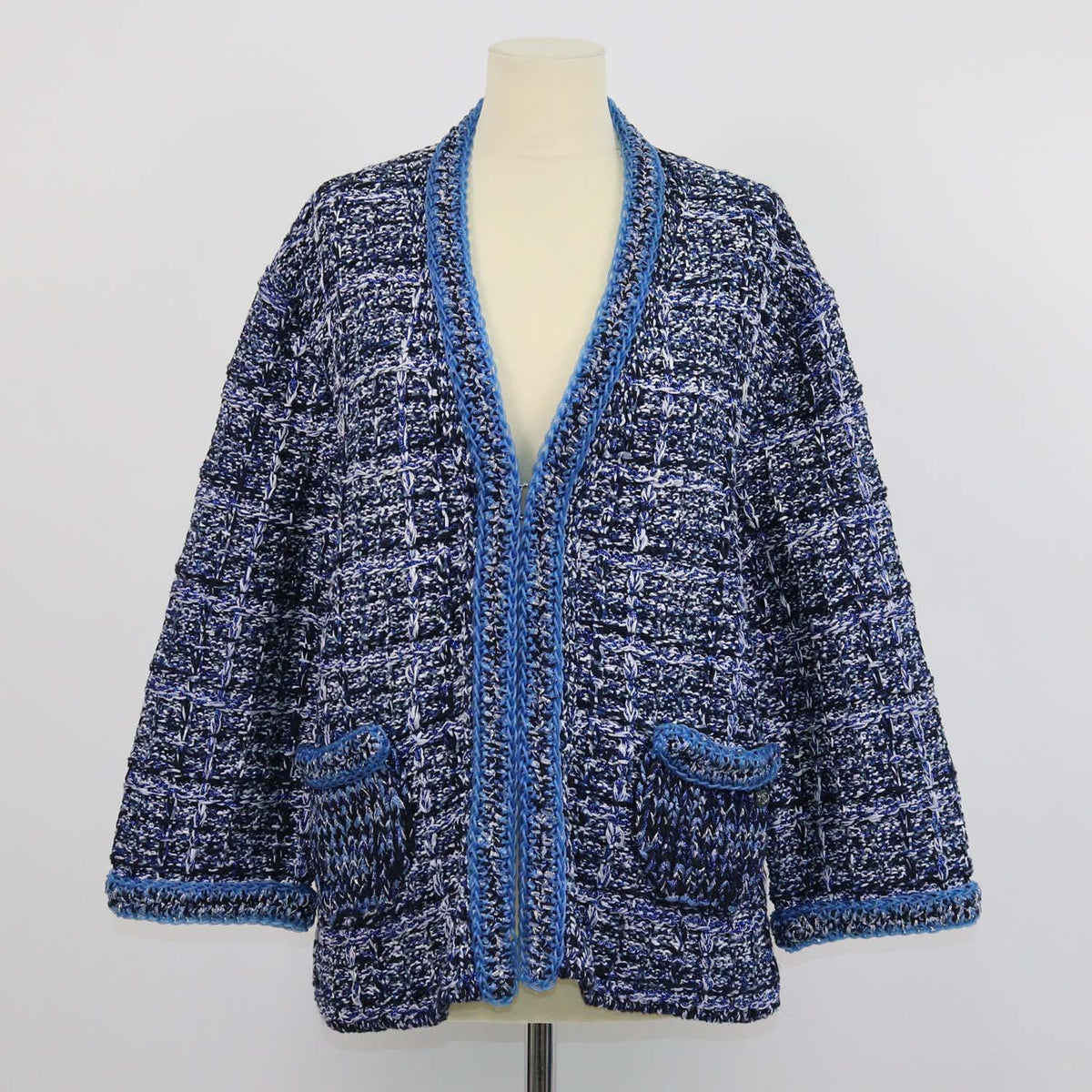 Chanel Blue,White Woven Cotton and PVC Chain Trims Oversized Knit Jacket