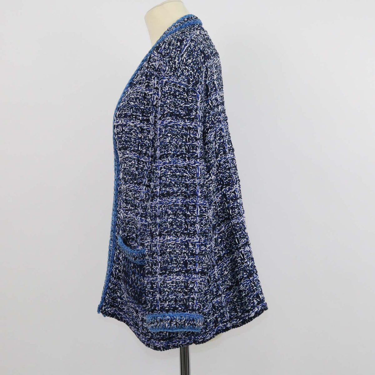 Chanel Blue,White Woven Cotton and PVC Chain Trims Oversized Knit Jacket