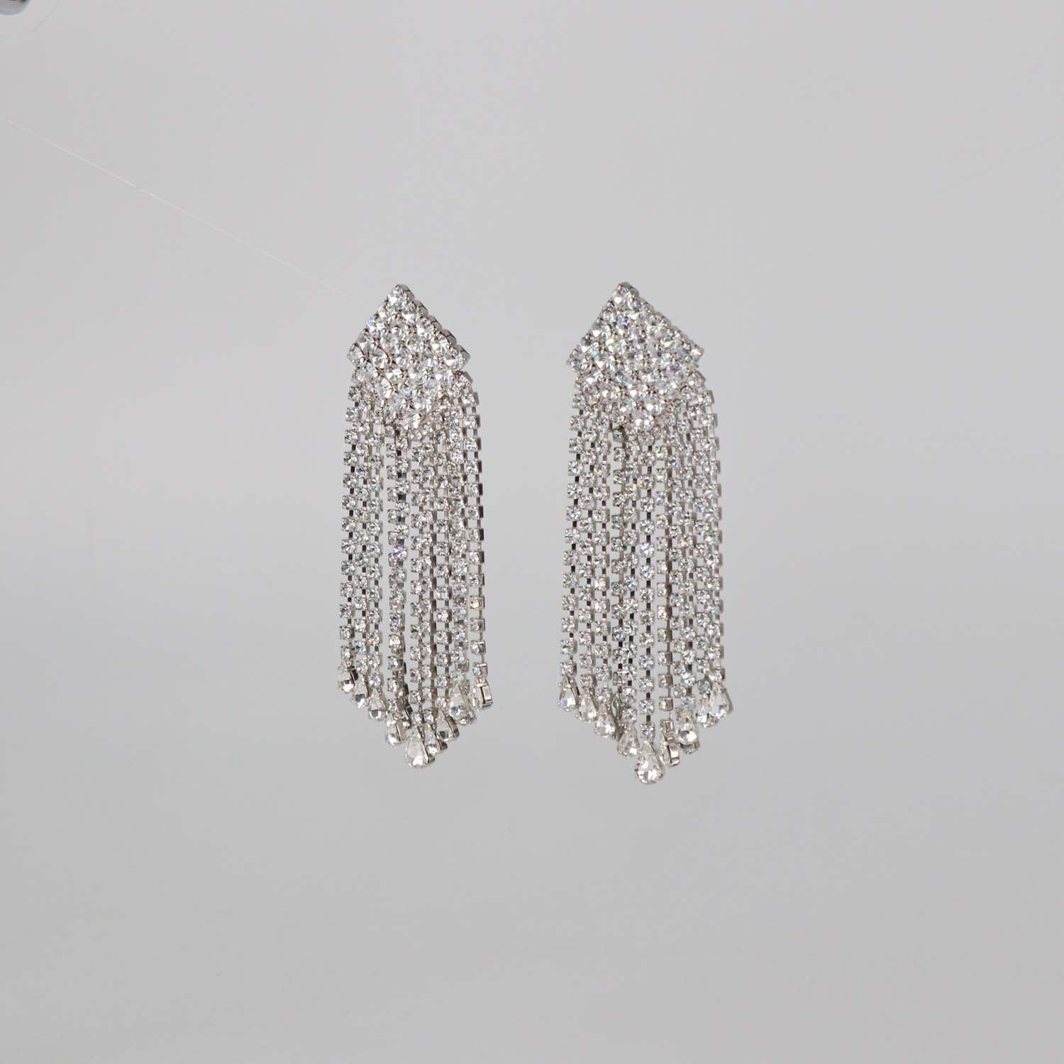 Alessandra Rich Silver Tone Square Crystal Cascade Drop Clip Earrings
