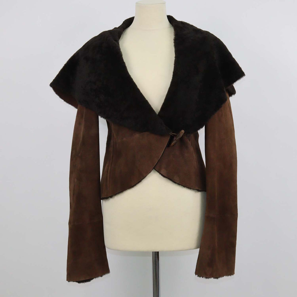 Ralph Laurent Dark Brown Suede and Lamb Fur Toggle Loop Jacket