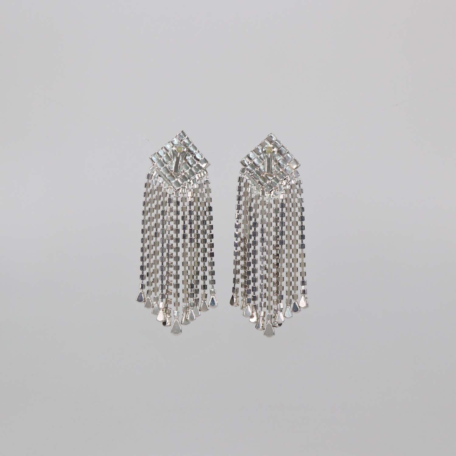 Alessandra Rich Silver Tone Square Crystal Cascade Drop Clip Earrings