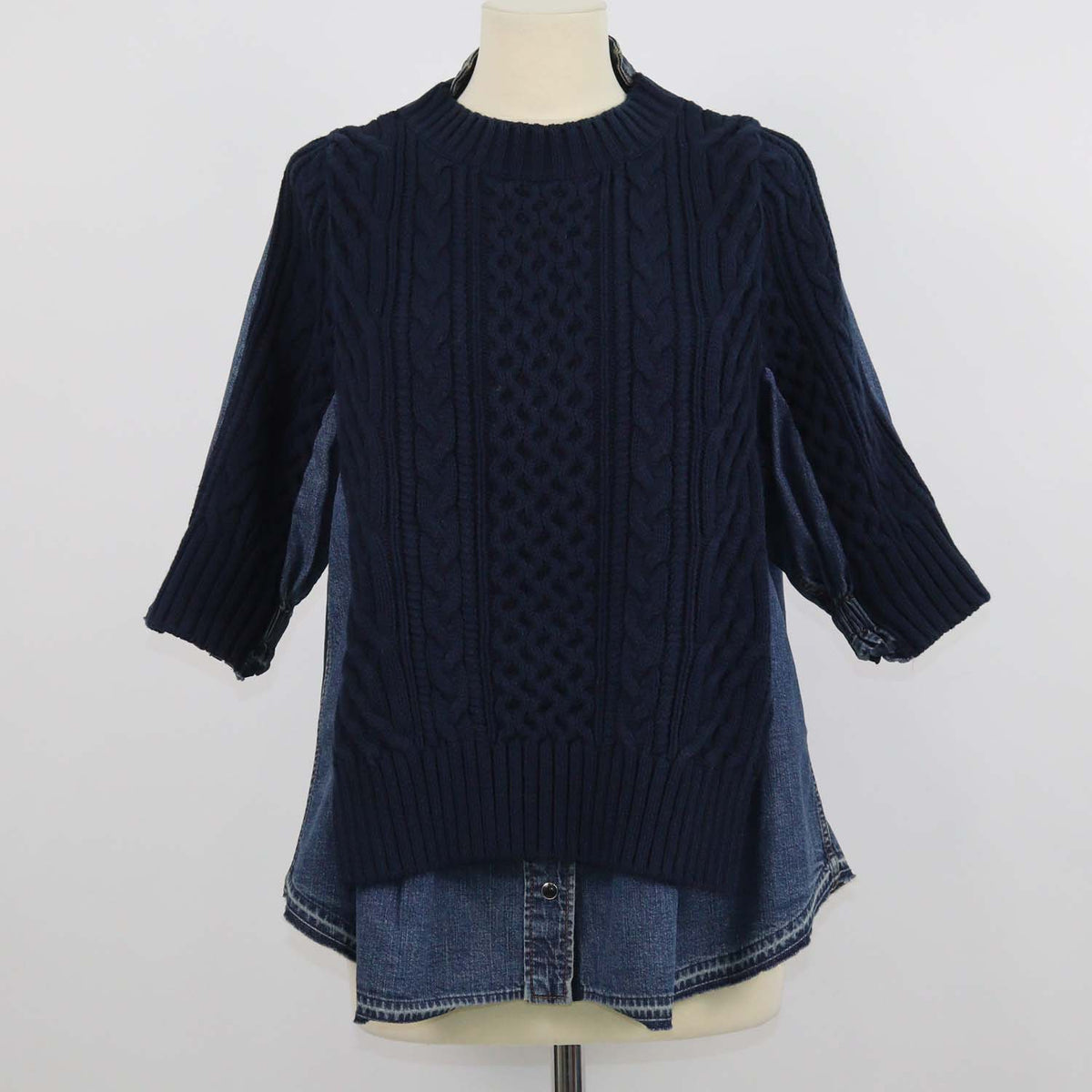 Sacai Navy Blue Blend Cotton and Denim Knit Pullover Sweater