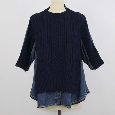 Sacai Navy Blue Blend Cotton and Denim Knit Pullover Sweater