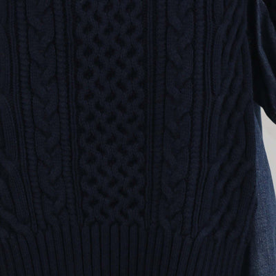 Sacai Navy Blue Blend Cotton and Denim Knit Pullover Sweater