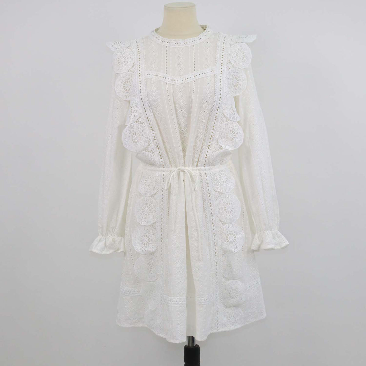 Maje White Cotton Emboidered Lace Longsleeve Mini Dress