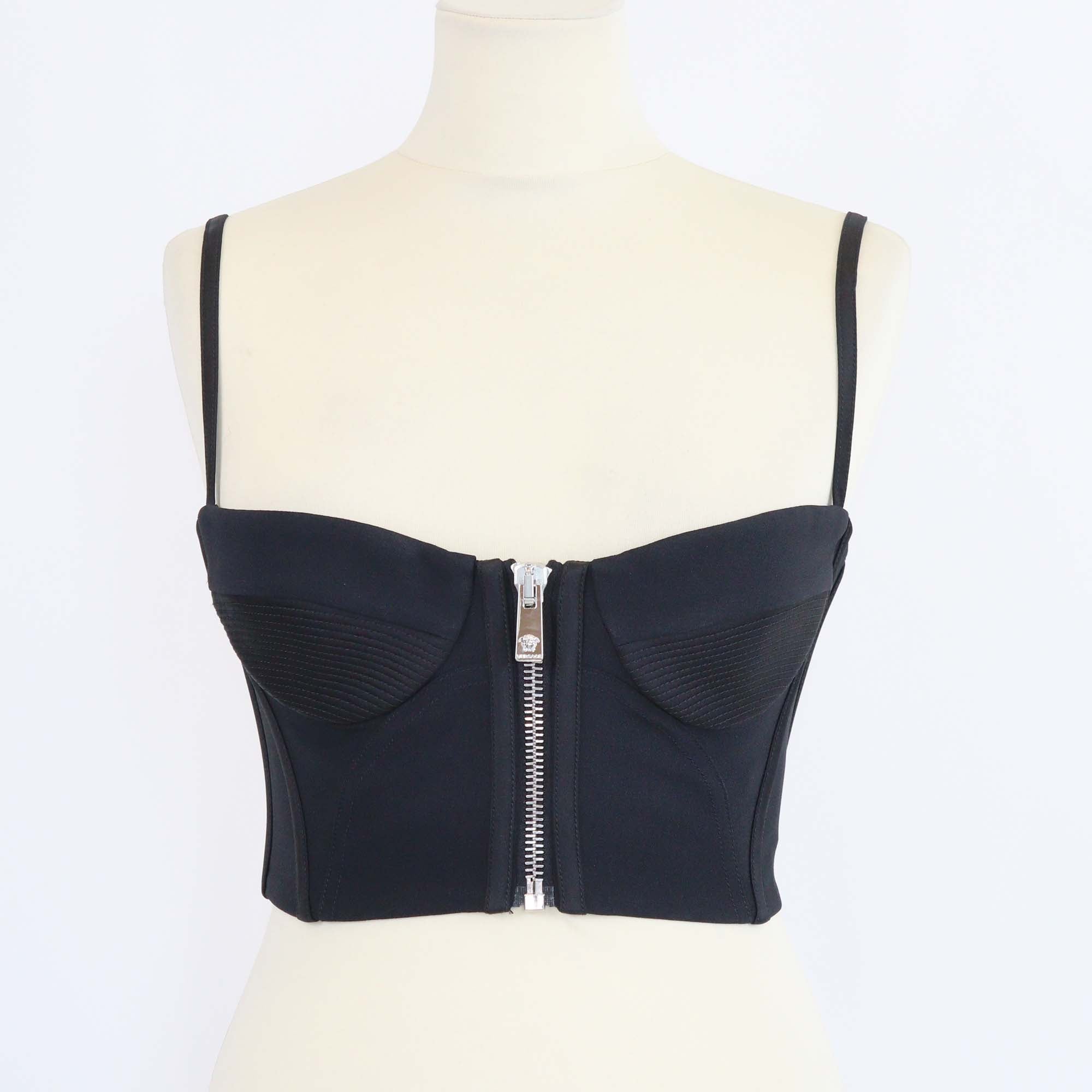 Versace Black Acetate Crepe Medusa Front Zip Bustier Top