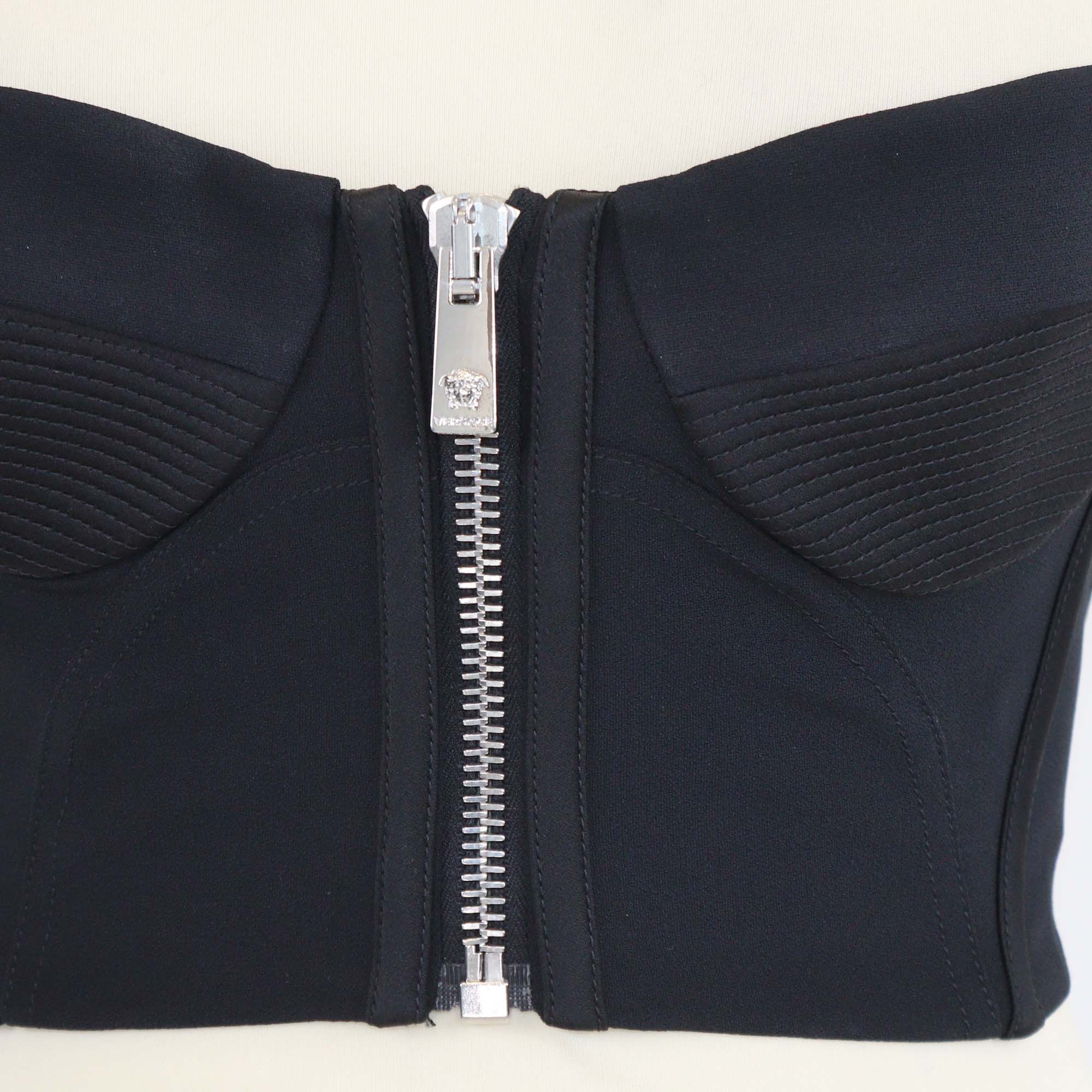Versace Black Acetate Crepe Medusa Front Zip Bustier Top