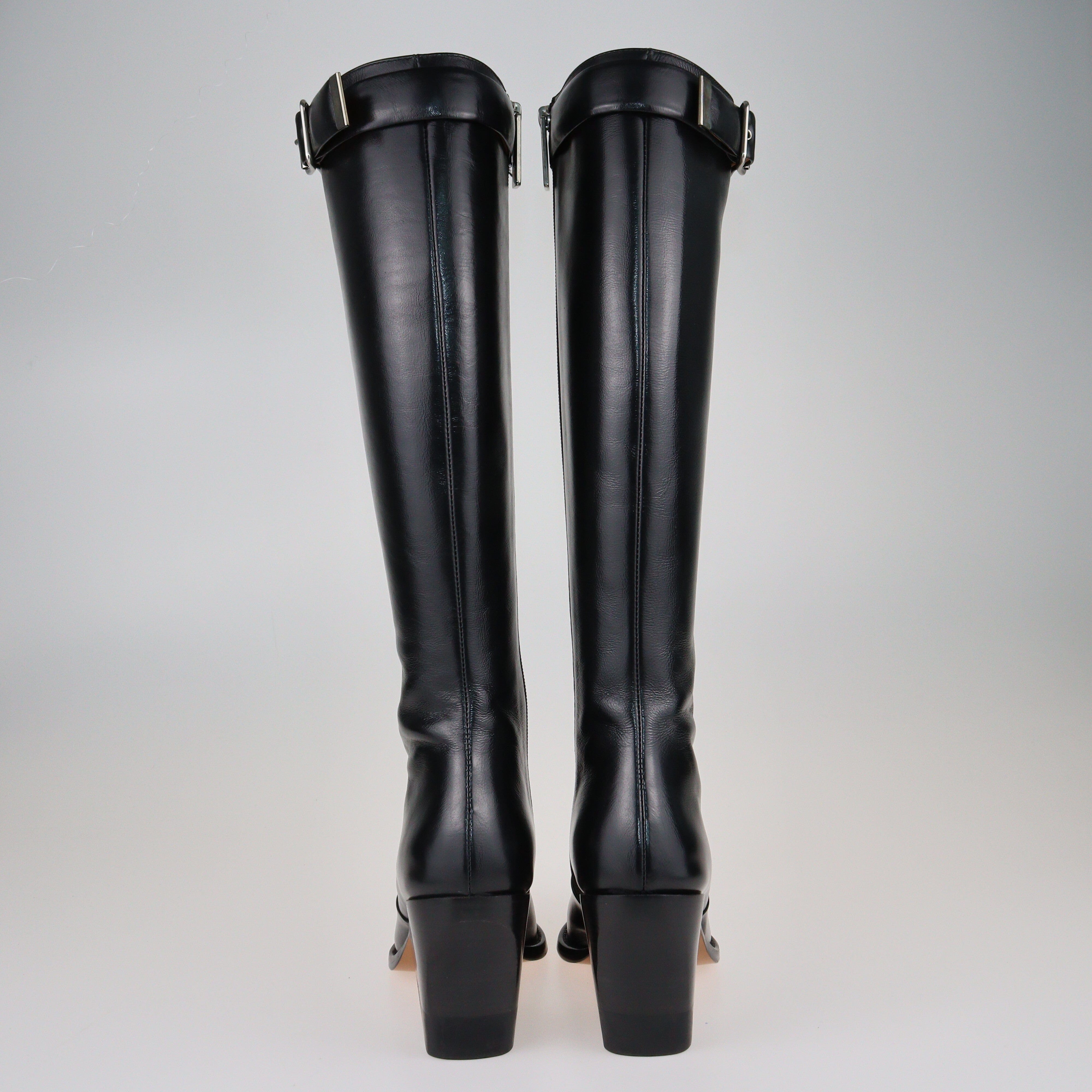 Black Buckle Detail Knee High Boots Shoes Chloe 