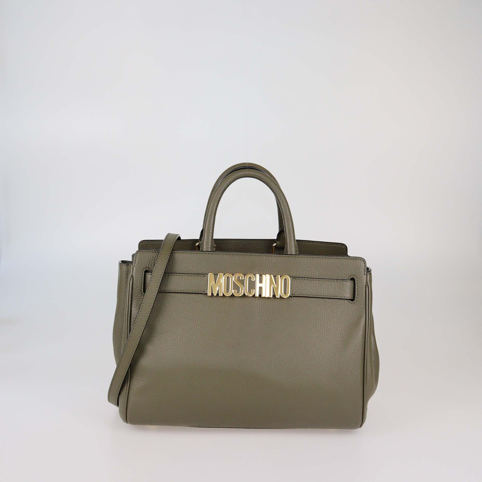 Moschino Army Green Leather Logo Plaque Tote