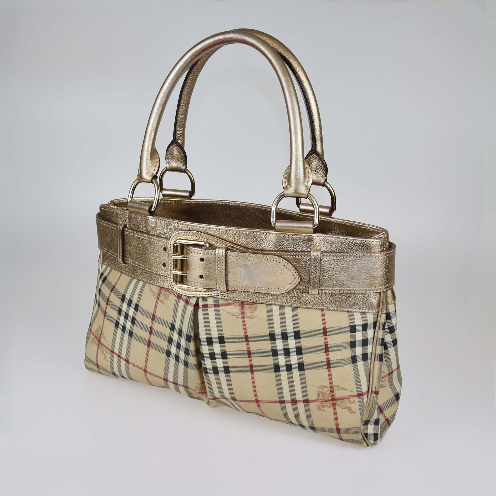 Burberry Beige/Gold Haymarket PVC and Leather Bridle Tote