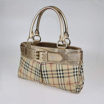 Burberry Beige/Gold Haymarket PVC and Leather Bridle Tote