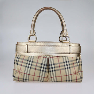 Burberry Beige/Gold Haymarket PVC and Leather Bridle Tote