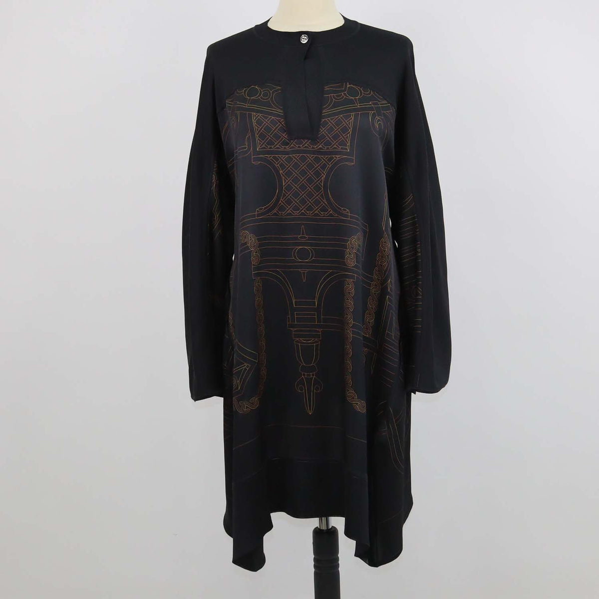 Hermes Black Silk "L'Enseigne du Sellier" Print Tunic Caftan