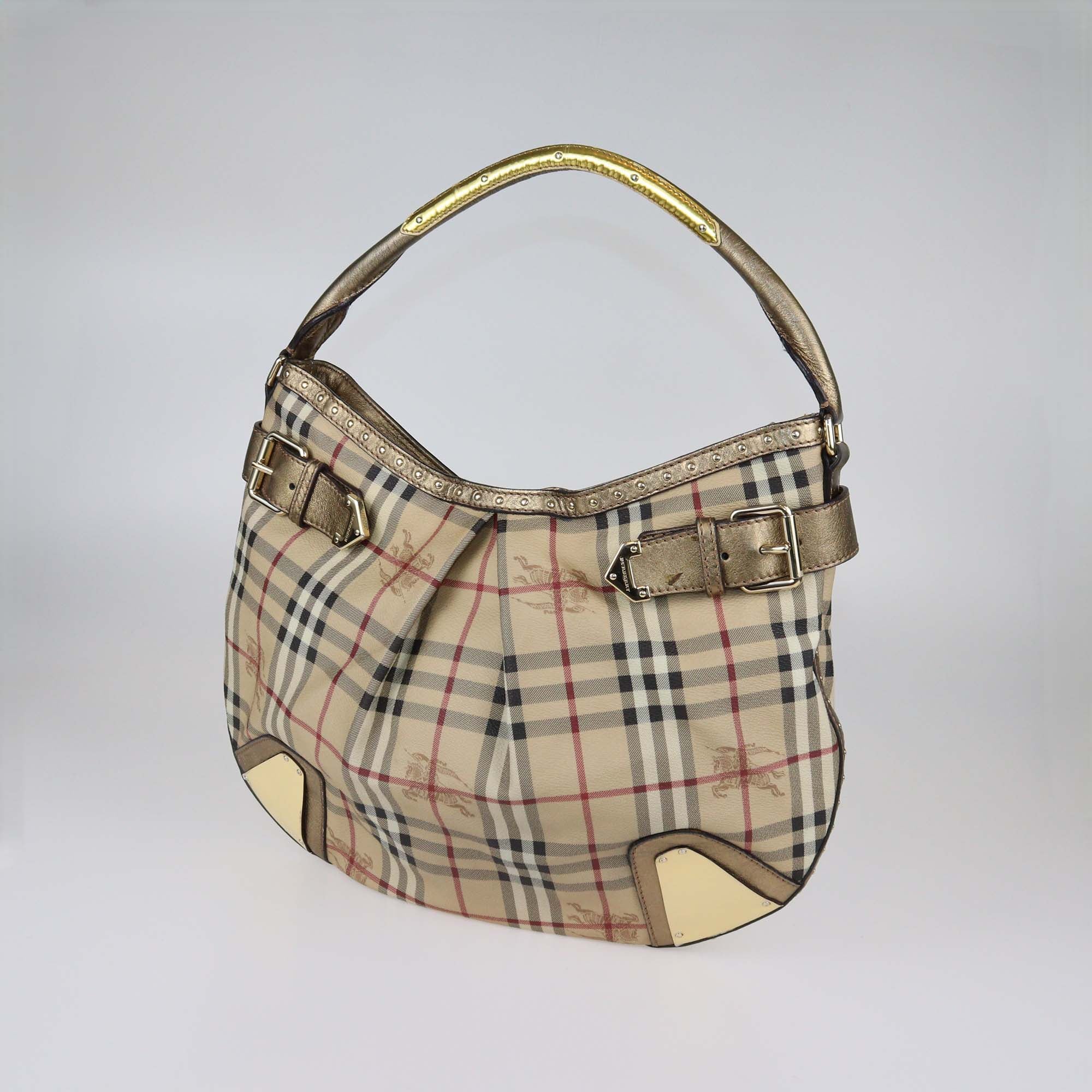Burberry Beige/Metallic Haymarket Check PVC and Leather Studded Hartley Hobo