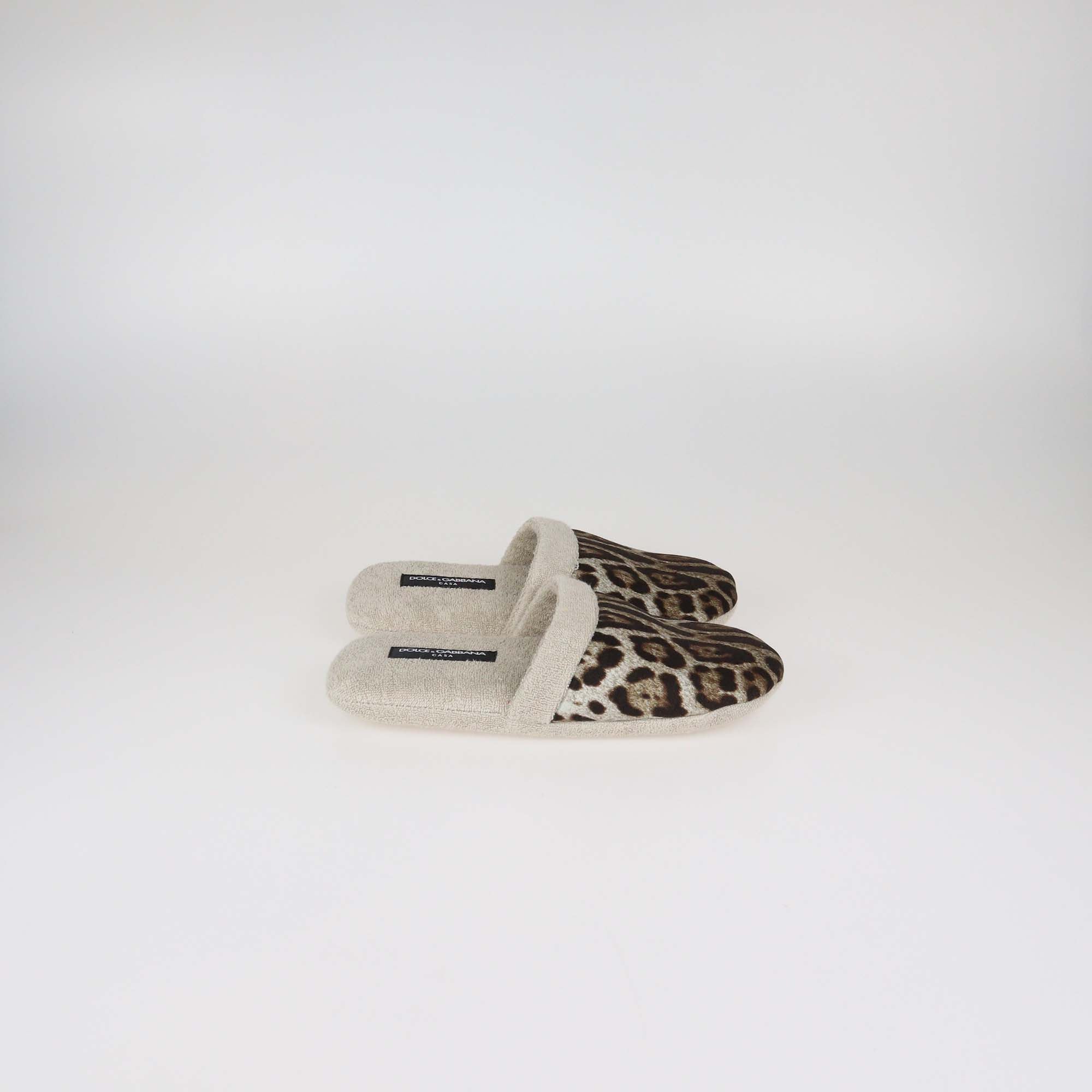 Dolce & Gabbana Beige/Brown Leopard Print Cotton and Linen Terry Slippers